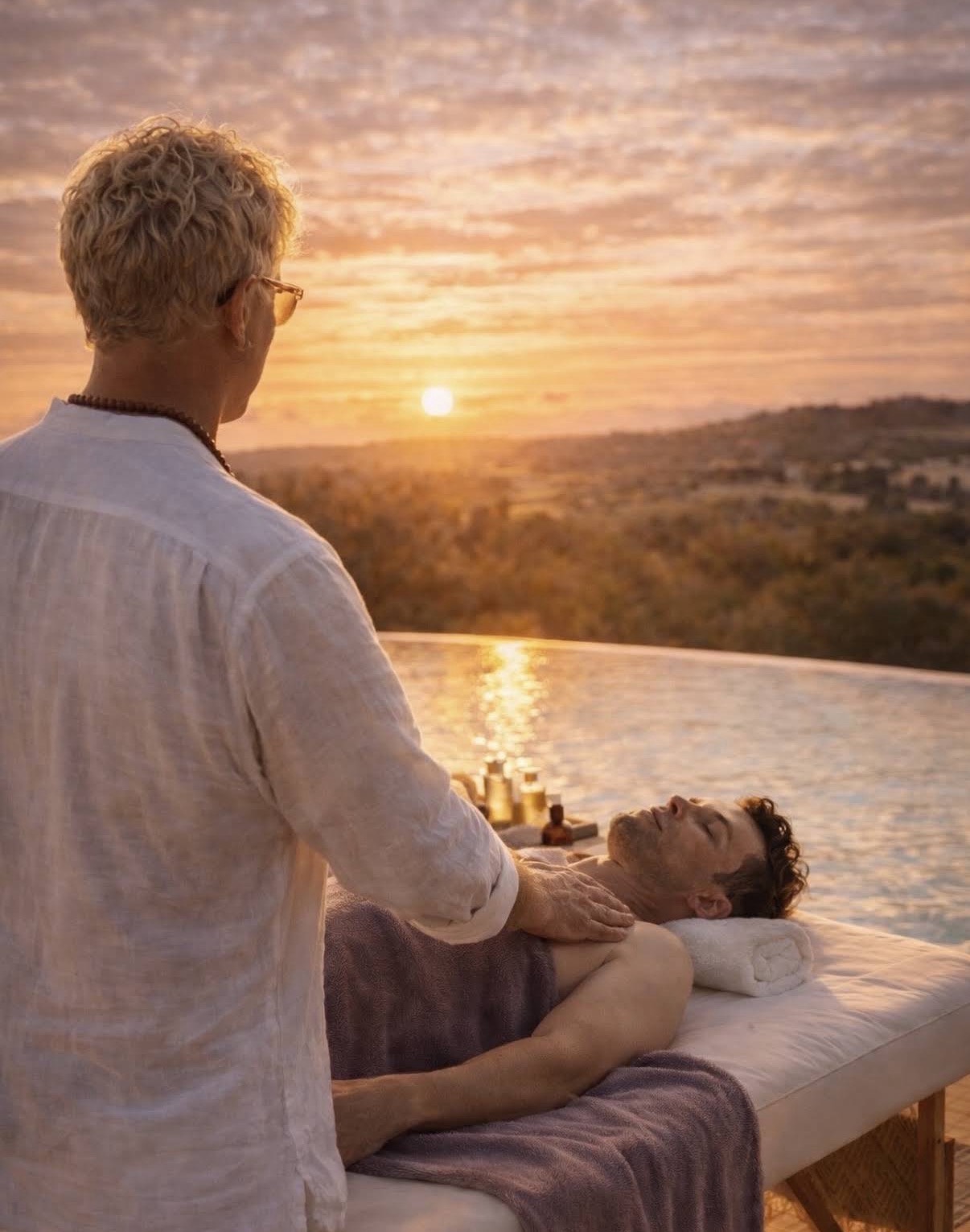 René massiert einen Gast auf einer Liege an einem Infinity-Pool, während die Sonne über Mallorca untergeht
