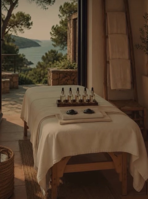 Massageliege mit Ölfläschchen auf einer Terrasse mit Blick aufs Meer
